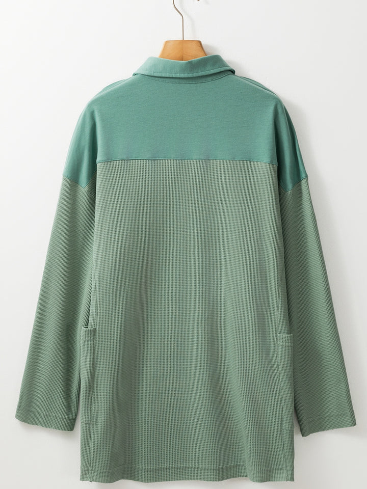 Sage Green Waffle Knit Button-Up Loose-Fit Collar Top