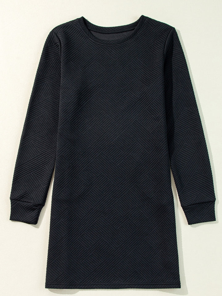 Womens Black Solid Color Textured Long Sleeve Shift Dress