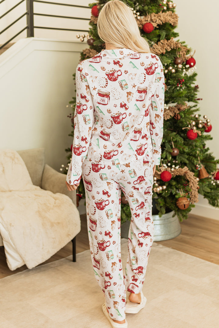 Womens White Christmas Pattern Long Sleeve Shirt and Pants Pajama Set