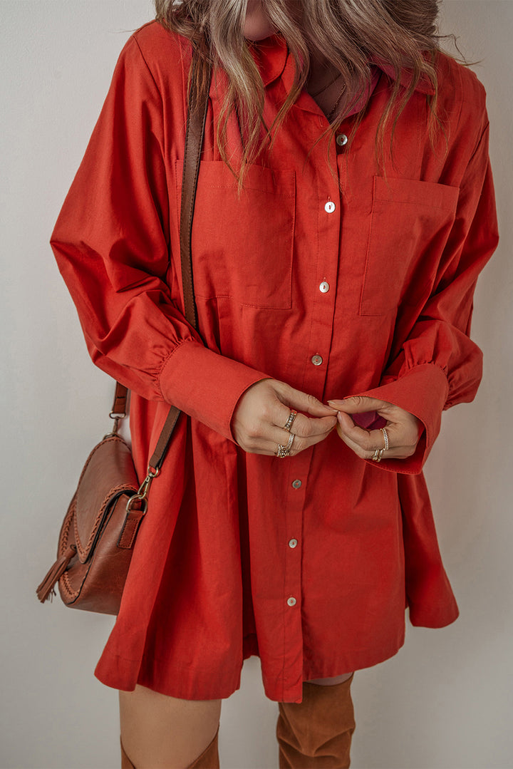 Womens Tomato Red Bishop Sleeve Button Up Pleated Mini Shirt Dress