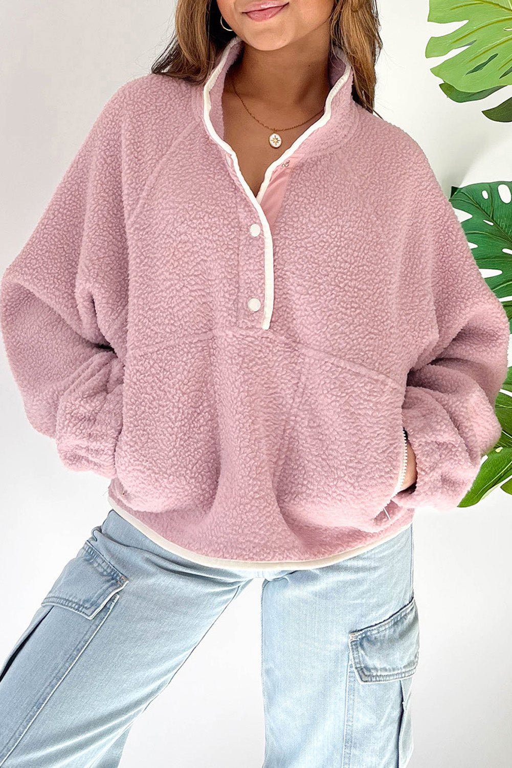 Womens Pink Half Button Plush Sweatshirt