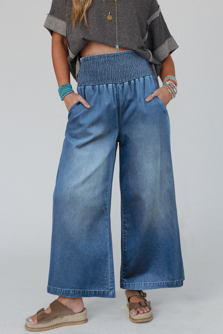 Womens Ashleigh Blue Smocked Waist Wide Leg Jeans