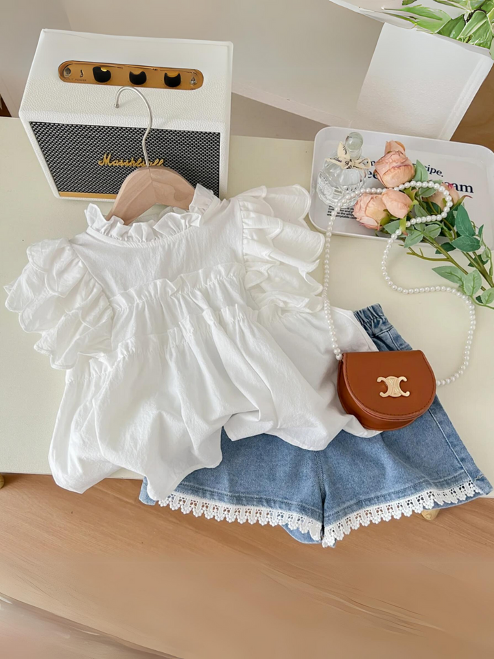 Mia Belle Girls White Top And Denim Short Set | Girls Spring Outfits