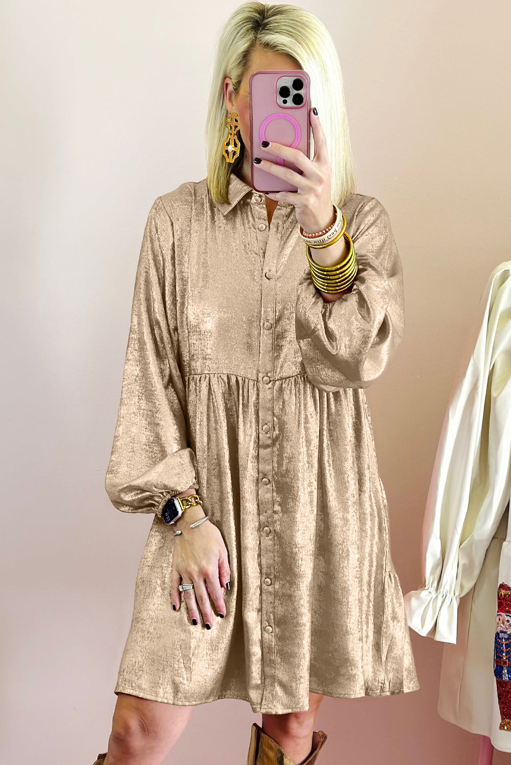 Womens Apricot Metallic Sheen Puff Sleeve Button Up Mini Shirt Dress