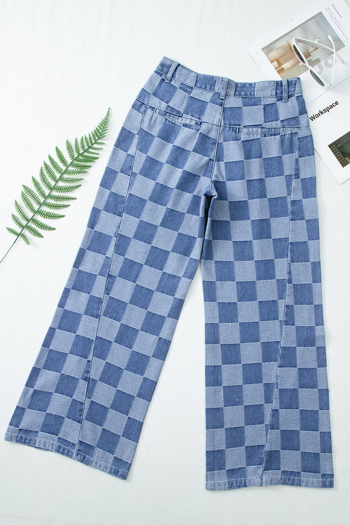 Womens  Dusk Blue Checkered Denim Wide Leg Jeans