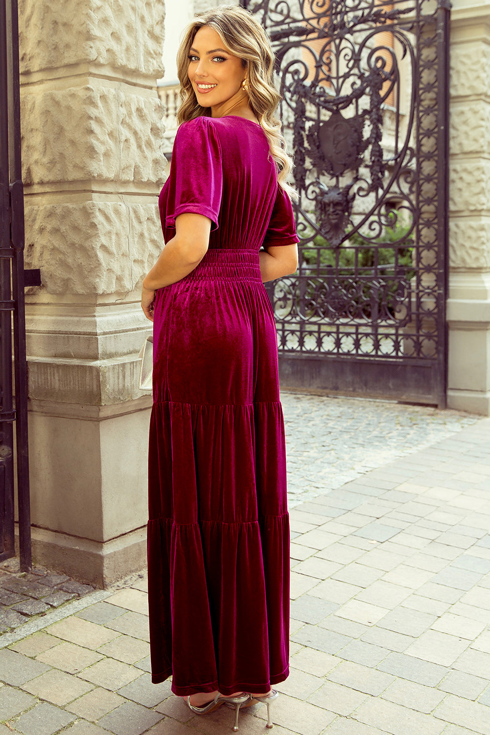 Womens Velvet Berry Holiday Maxi Dress with Smocked Waist