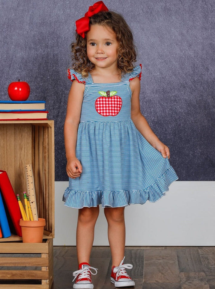 1st Day Of School | Striped Apple Ruffle Dress | Mia Belle Girls