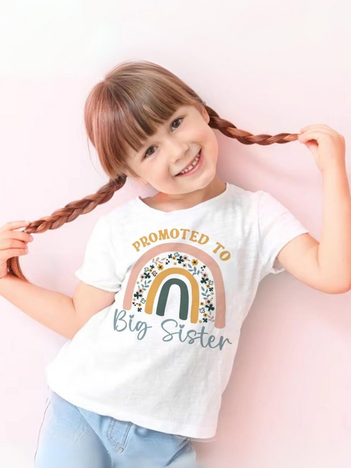 Girls "Promoted To Big Sister" Rainbow Printed T-Shirt