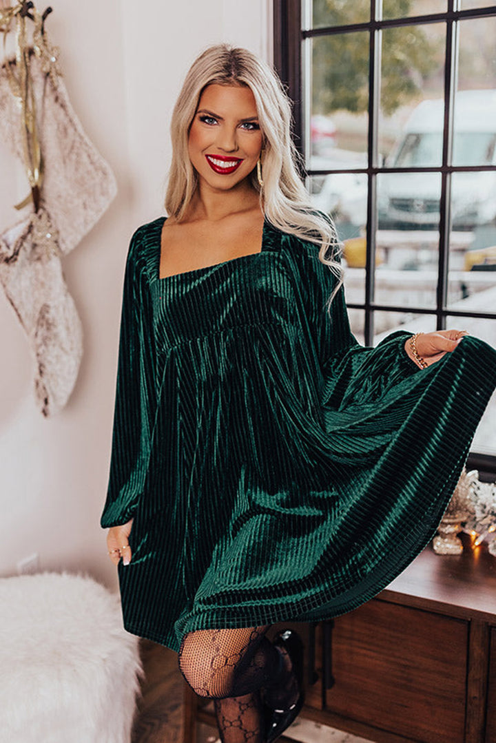 Green Tie Back Square Neck Velvet Babydoll Dress