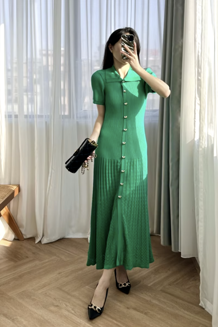 Womens Elegant Short Sleeve Button-Down Knit Maxi Dress