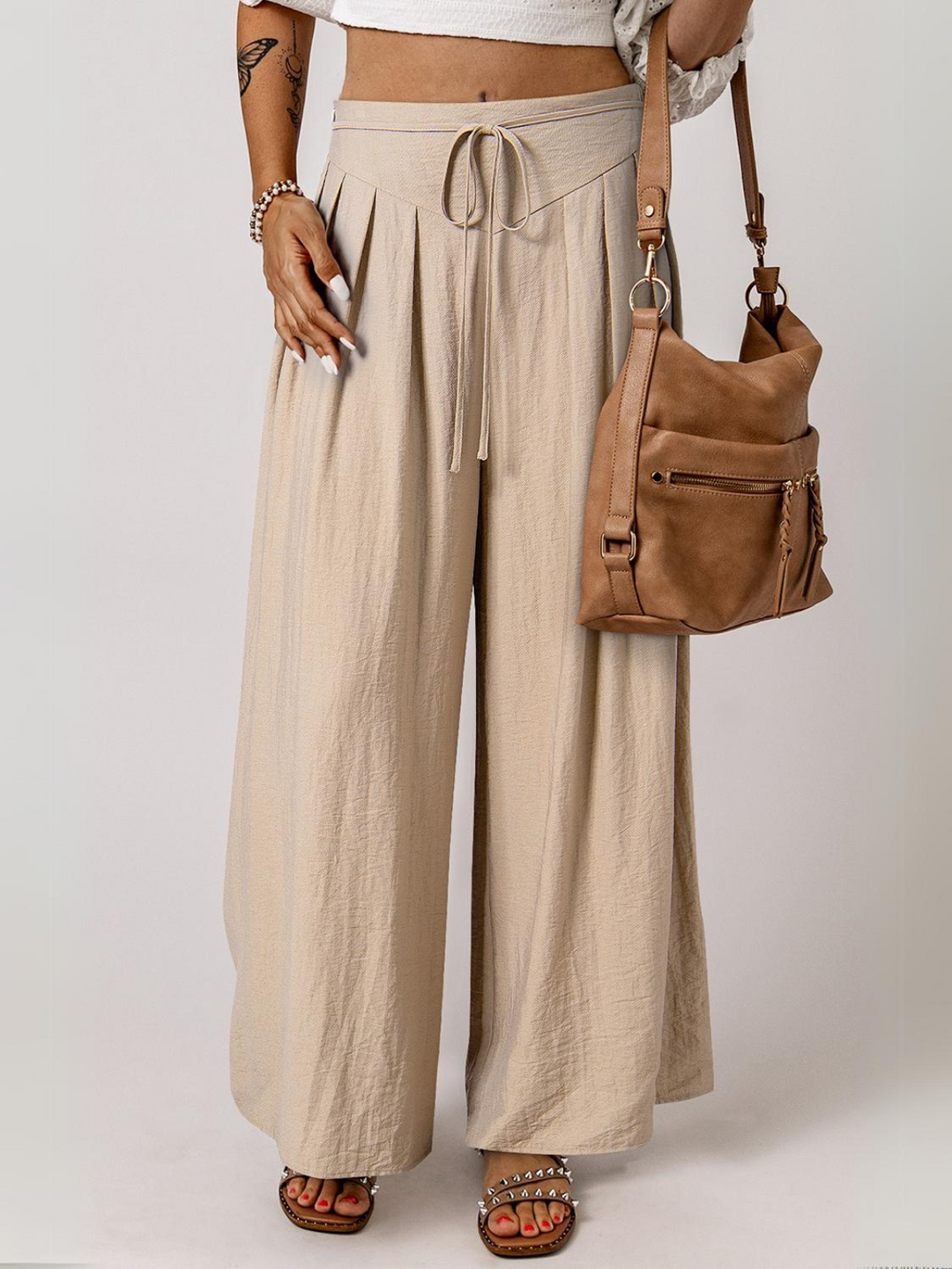 Womens Beige Drawstring Waist Pleated Wide Leg Casual Pants