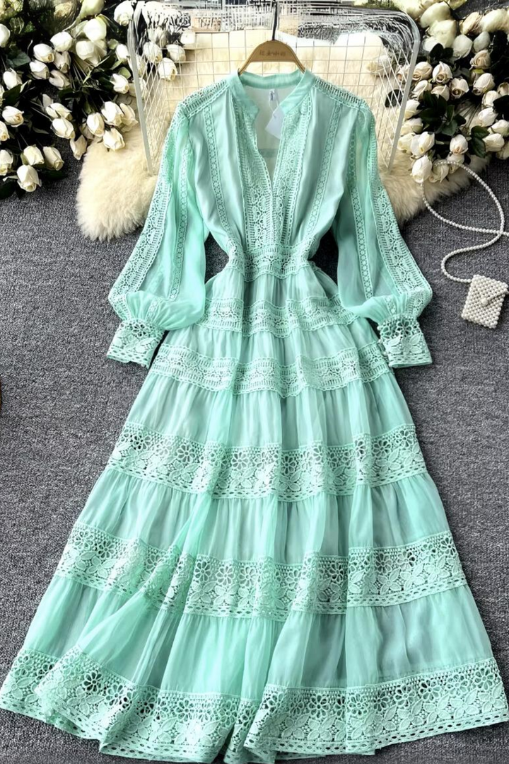 Womans Elegant Embroidered Lace Hollow Out  Lantern Sleeve  Long Dress