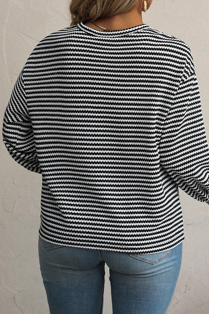 Womens Black Striped Round Neck Drop Shoulder Long Sleeve Top