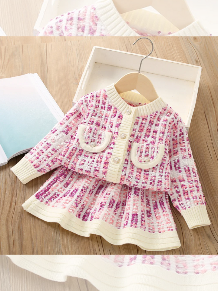 Charming Knit Pocket-Detail Girls' Jacket and Skirt Set