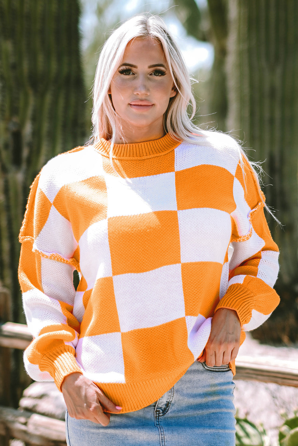 Womens Orange Checkered Bishop Sleeve Sweater