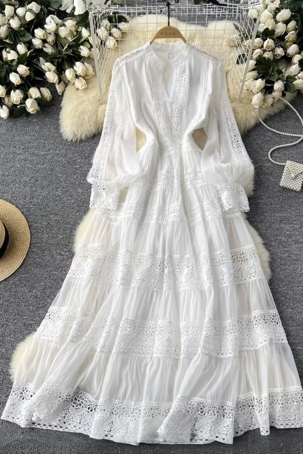 Womans Elegant Embroidered Lace Hollow Out  Lantern Sleeve  Long Dress