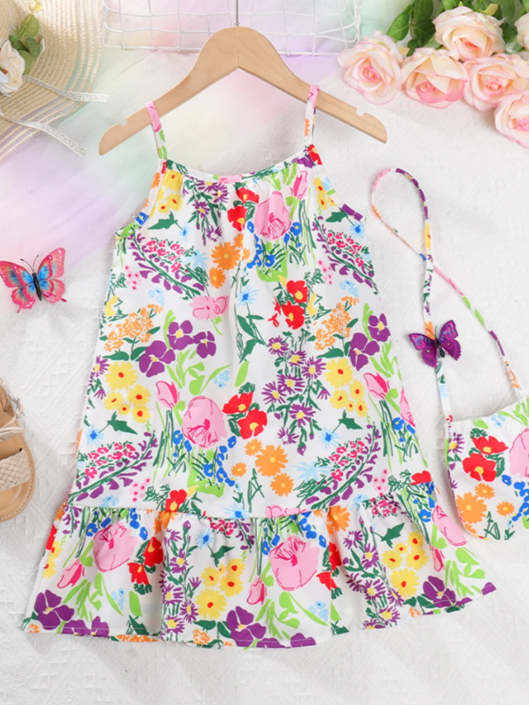 Mia Belle Girls Floral Ruffle Dress And Bag Set | Girls Spring Outfits