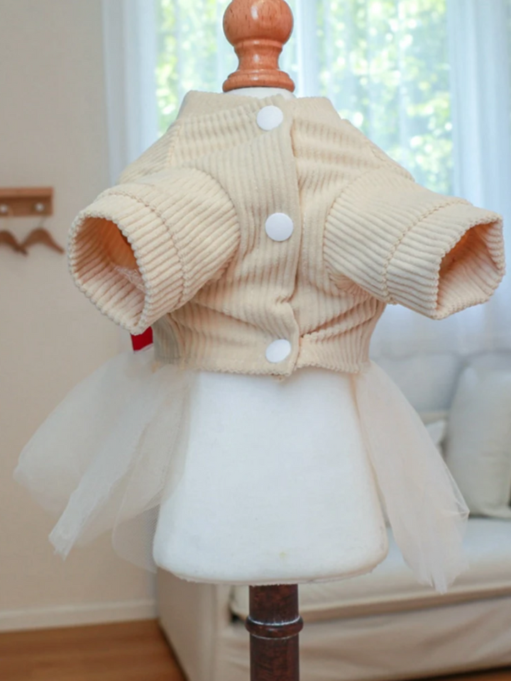 Winter Warm Dog Girls Sweater Dress with Bowtie Tutu Skirt and D Leash Ring