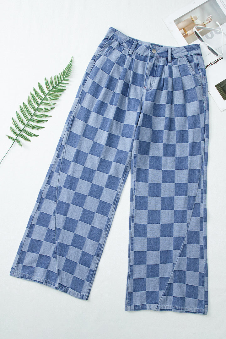 Womens  Dusk Blue Checkered Denim Wide Leg Jeans