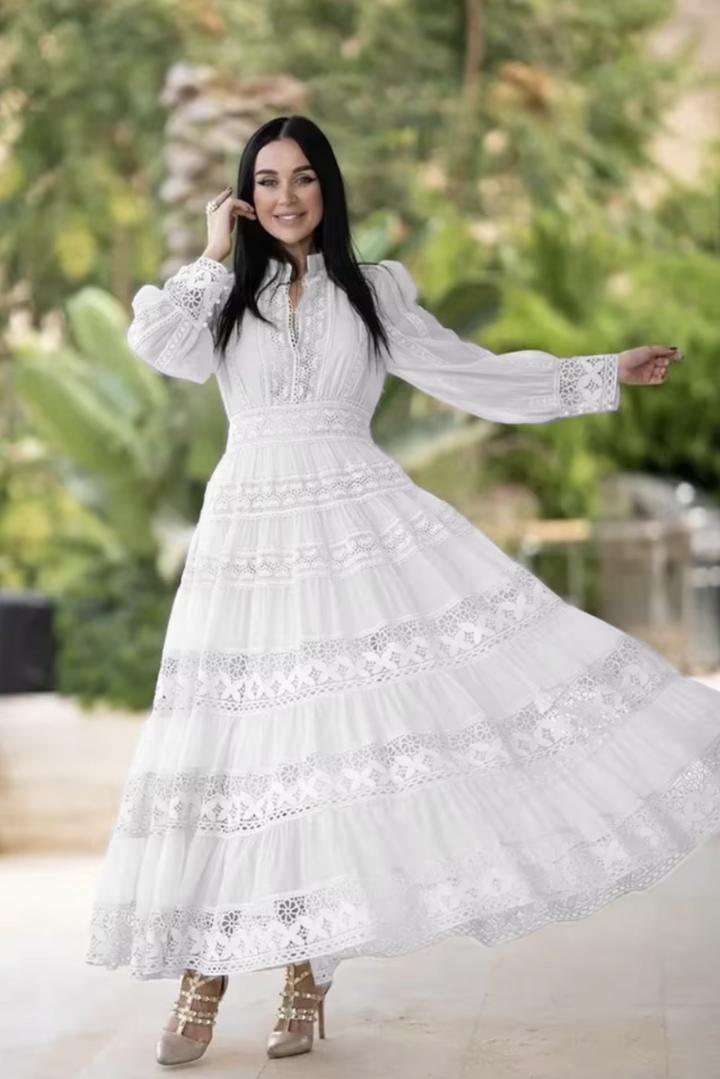 Womans Elegant Embroidered Lace Hollow Out  Lantern Sleeve  Long Dress