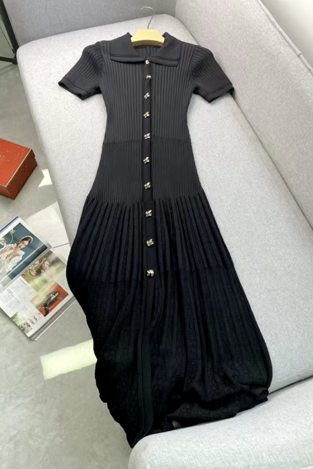 Womens Elegant Short Sleeve Button-Down Knit Maxi Dress