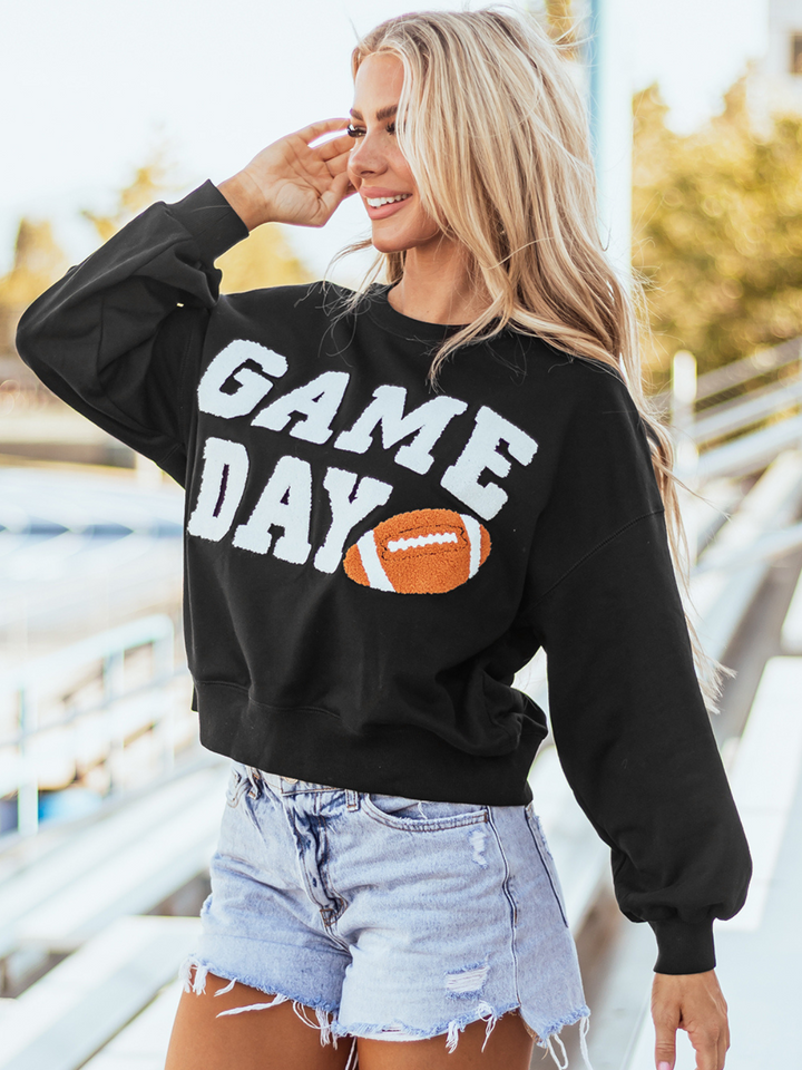 Schwarzes College-Sweatshirt mit GAME DAY-Grafik