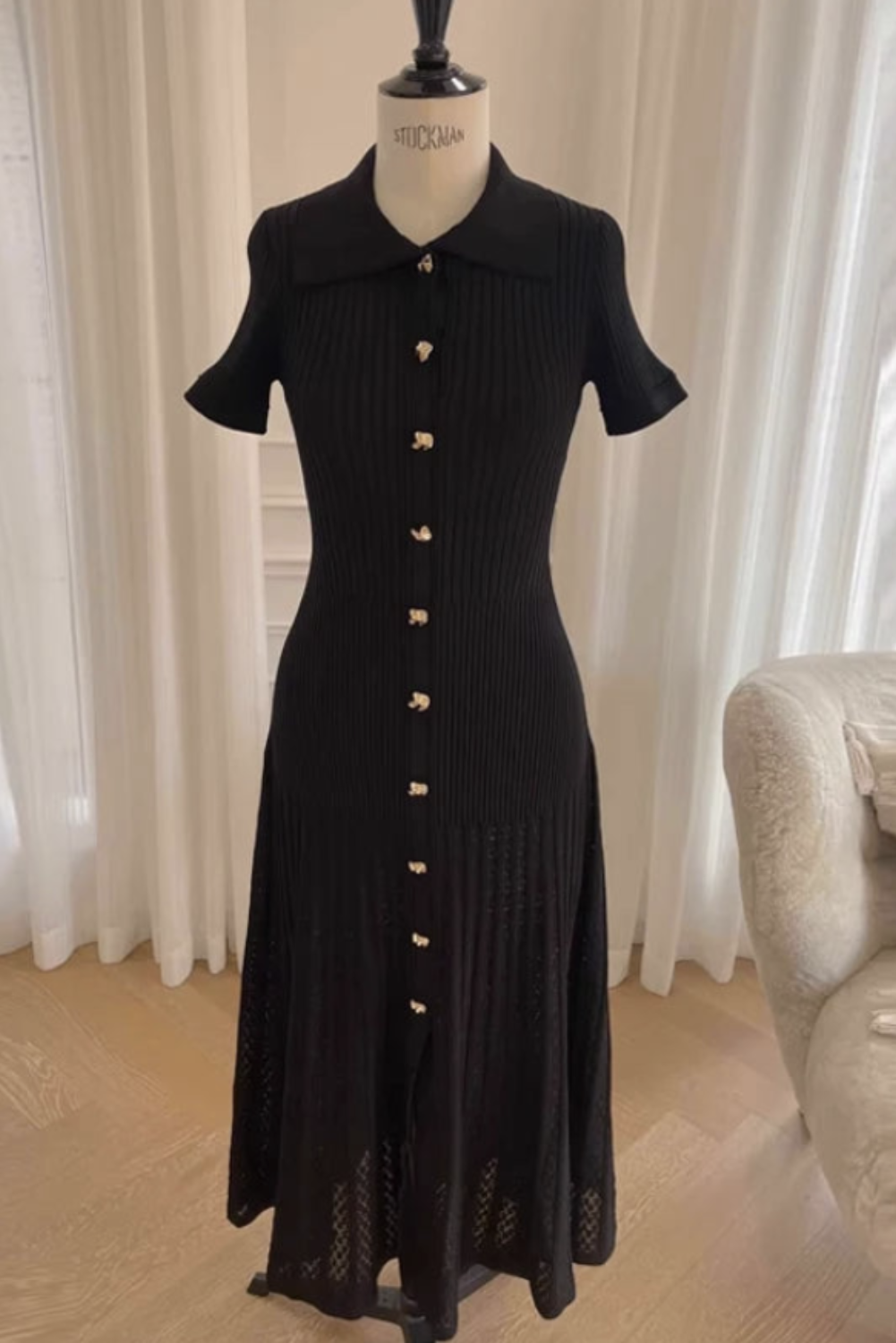 Womens Elegant Short Sleeve Button-Down Knit Maxi Dress