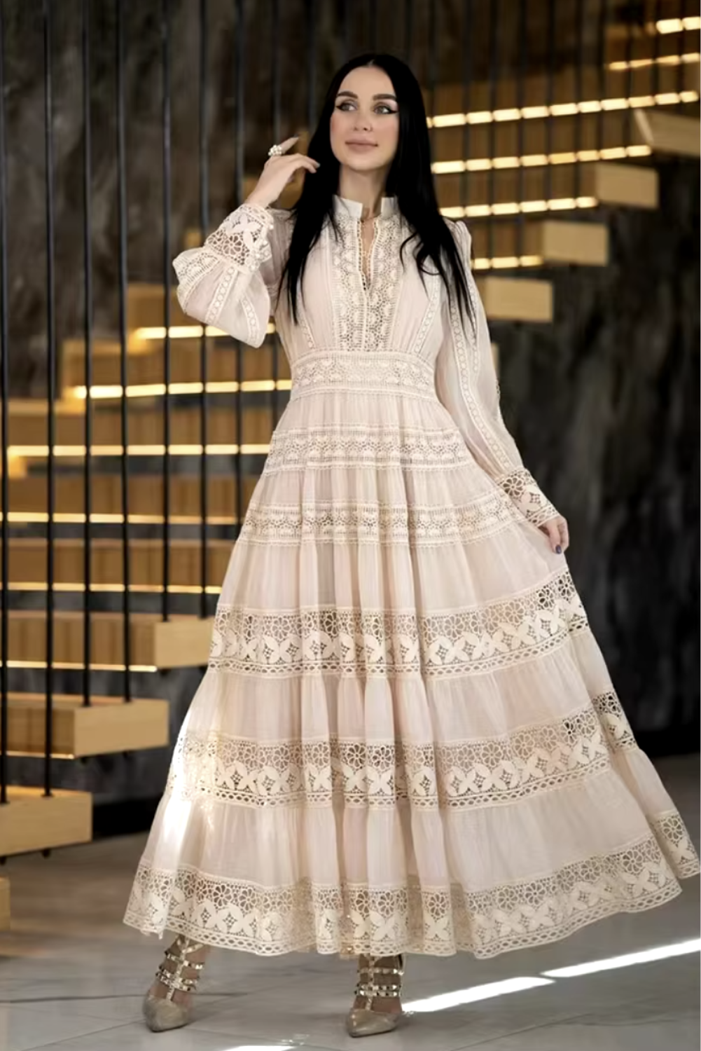 Womans Elegant Embroidered Lace Hollow Out  Lantern Sleeve  Long Dress