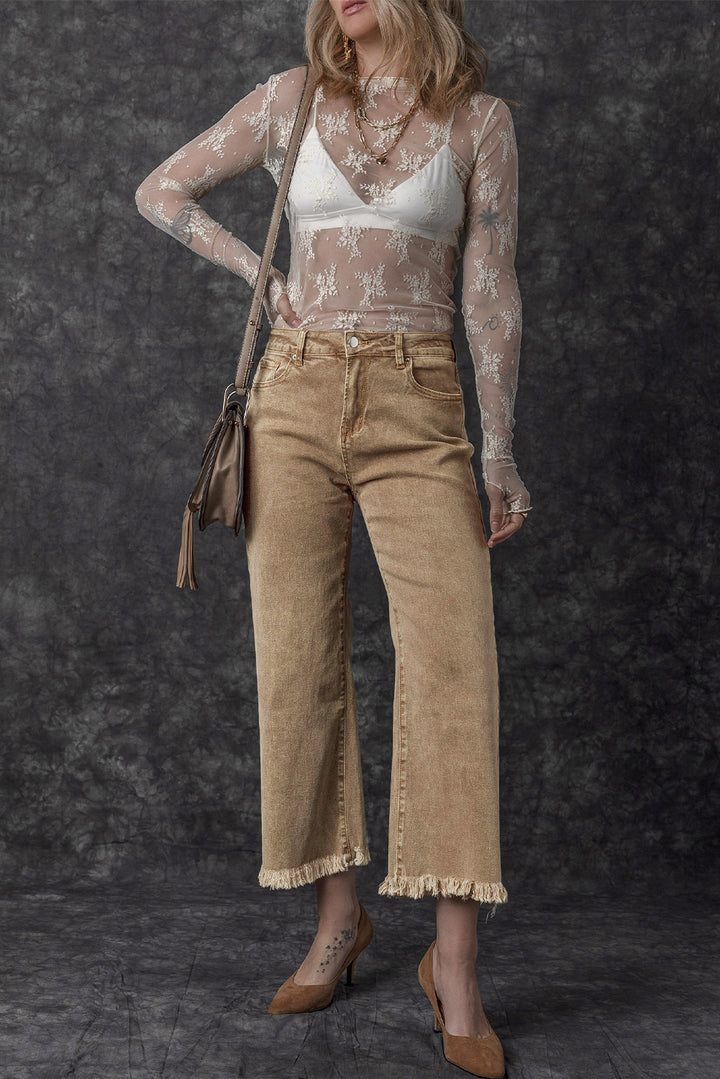 Womens French Beige Acid Washed High Rise Cropped Wide Leg Jeans