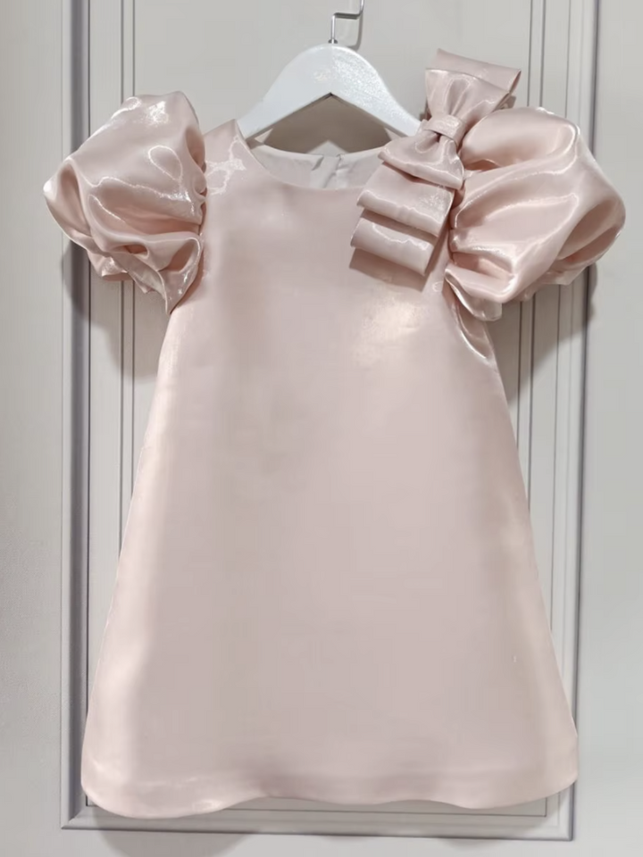 Girl  Princess  Pink Puff Sleeve with Bow Accent Dress