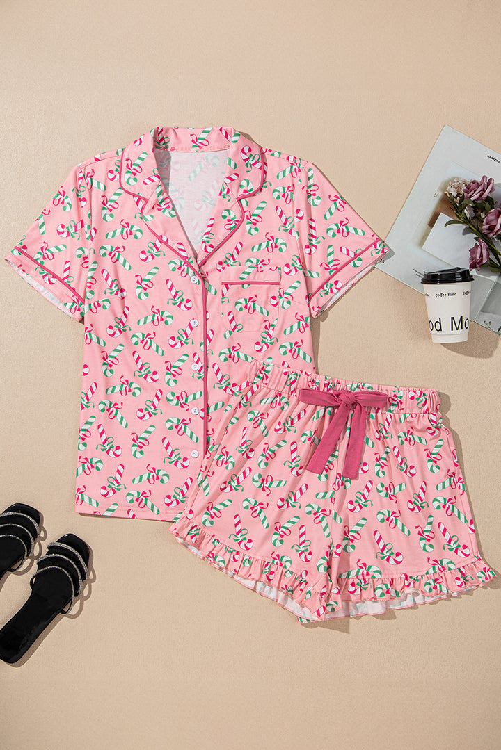 Womens Pink Christmas Candy Cane Print Pocketed Knotted Pajama Set