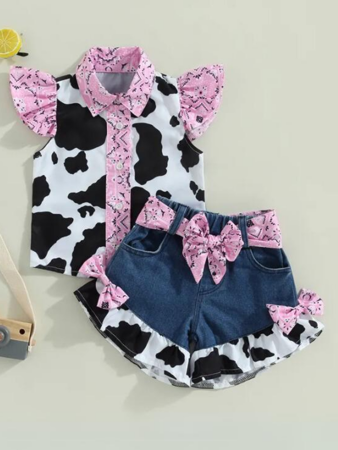 Mia Belle Girls Cow Print Denim Short Set | Girls Cowgirl Outfits