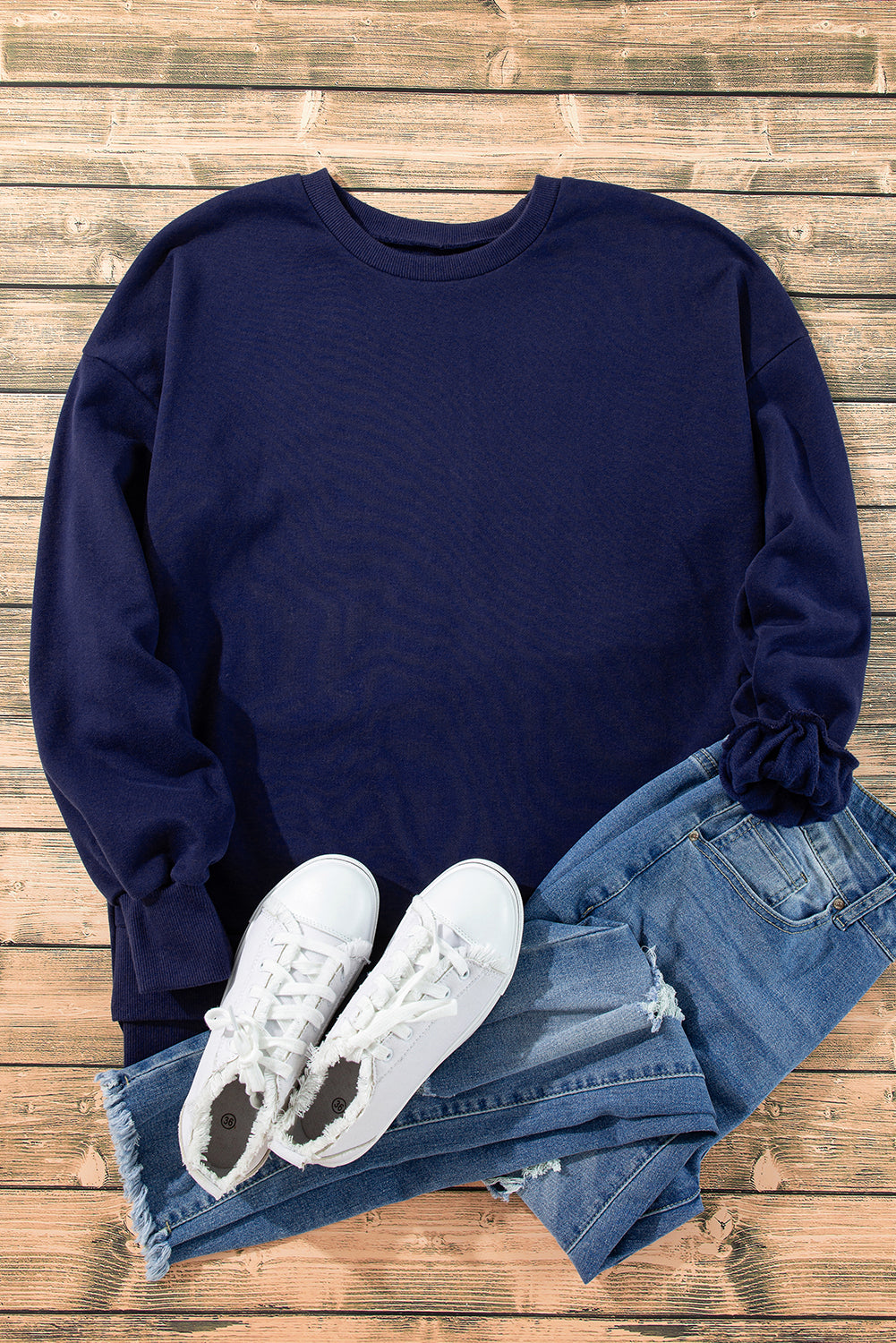 Womens Navy Fleece Lined Drop Shoulder Top