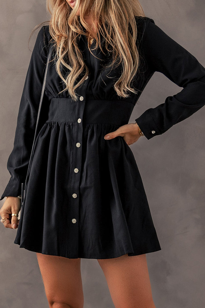 Womens Black Elastic Cinched High Waist Long Sleeve Shirt Mini Dress