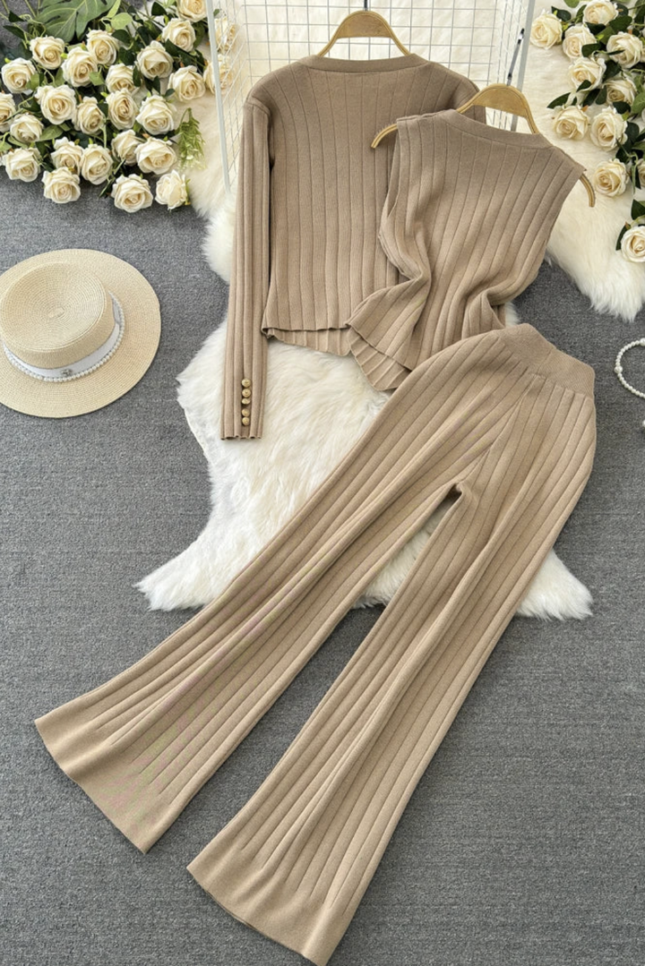 Womans Ribbed Cardigan & Wide-Leg Pant Set