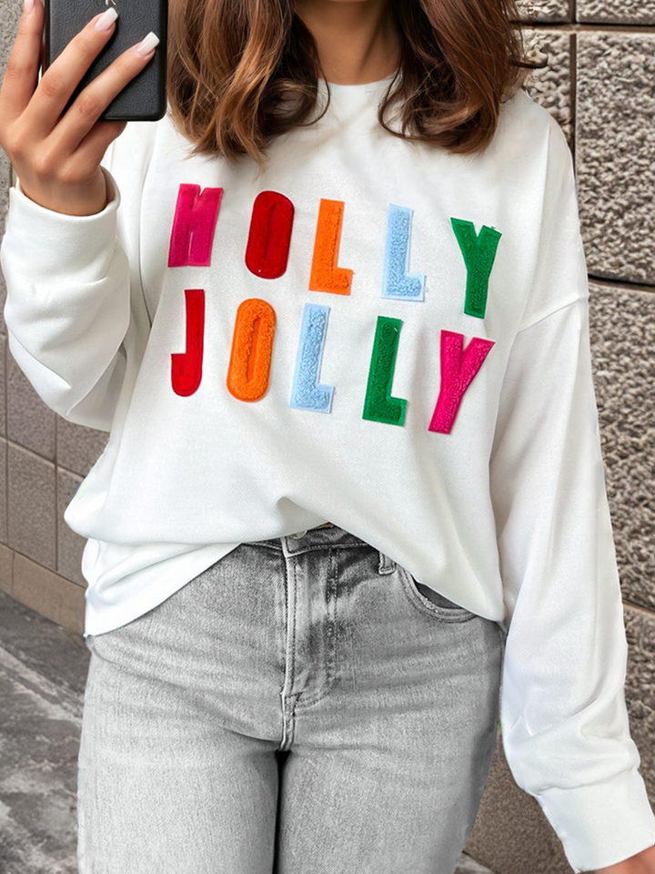 Langärmliges Oberteil aus Chenille mit Grafik „Holly Jolly“