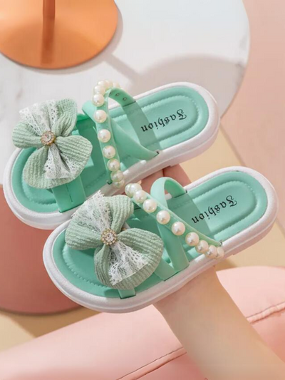 Summer Sparkle Kids' Slide Sandals with Pearl and Bow Accents By Liv and Mia