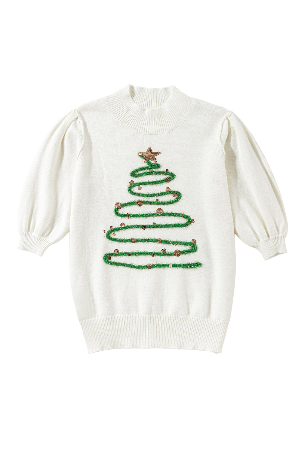 Womens White Tinsel Christmas Tree Puff Sleeve Sweater