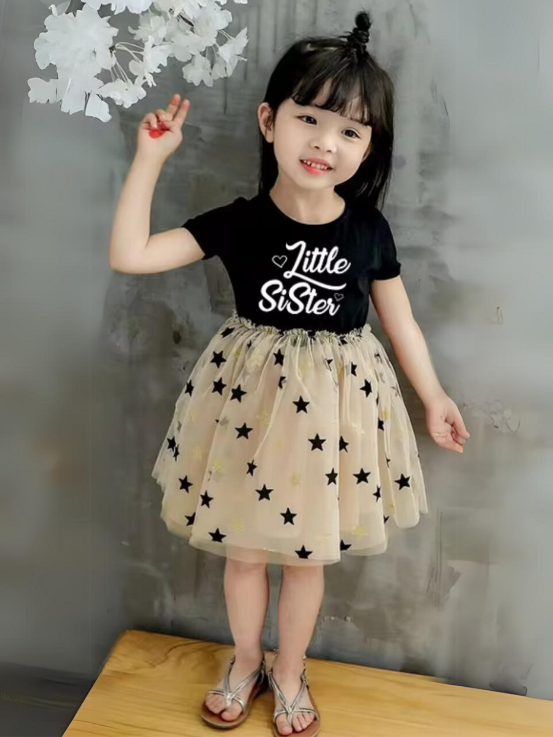 Girls Little Sister Tulle Dress with Gold Stars