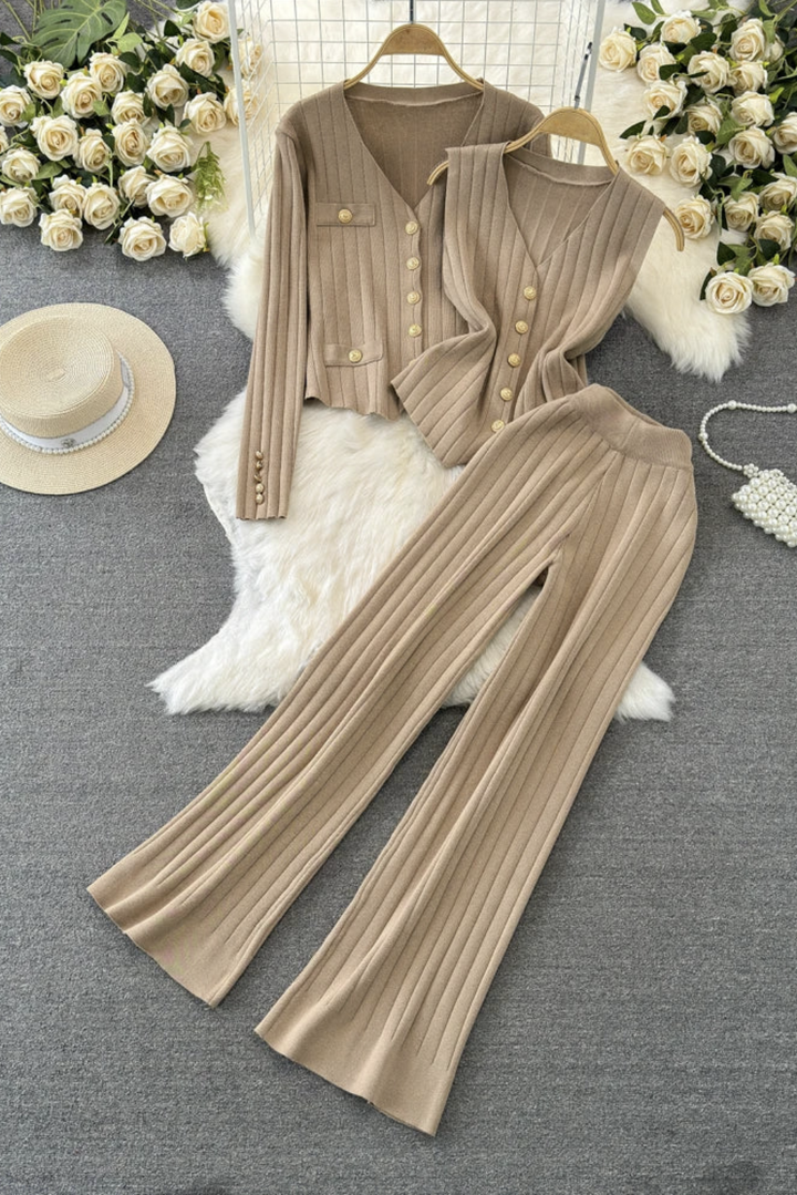 Womans Ribbed Cardigan & Wide-Leg Pant Set