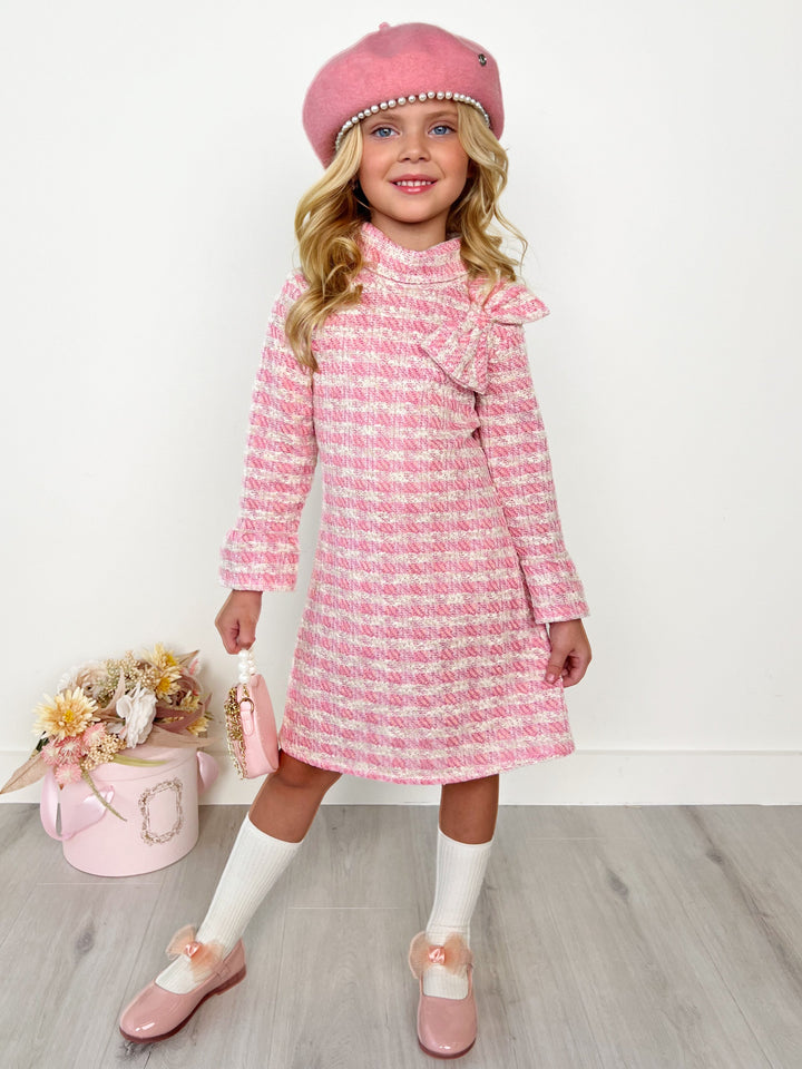 Charming Checked Tweed Pink with Accent Bow Dress