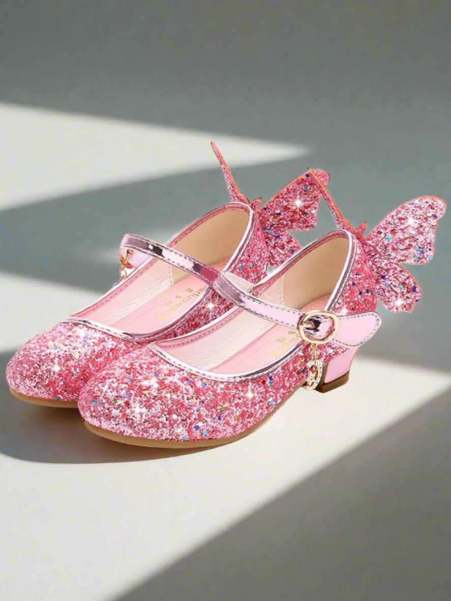 Girls Glitter Butterfly Mary Jane Mini Heels By Liv and Mia - Pink