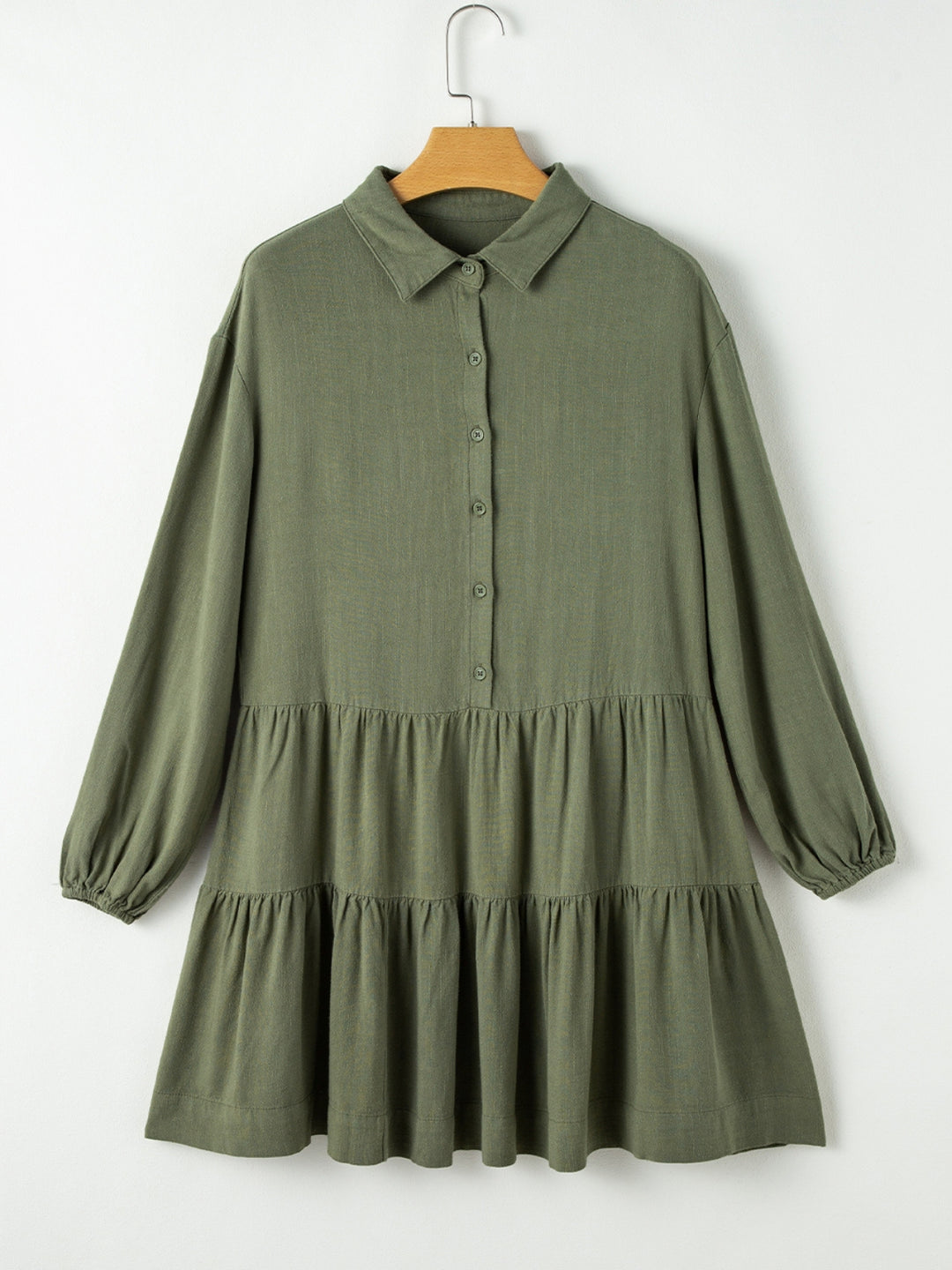 Womens Olive Puff Sleeve Tiered Button-Up Tunic Dress