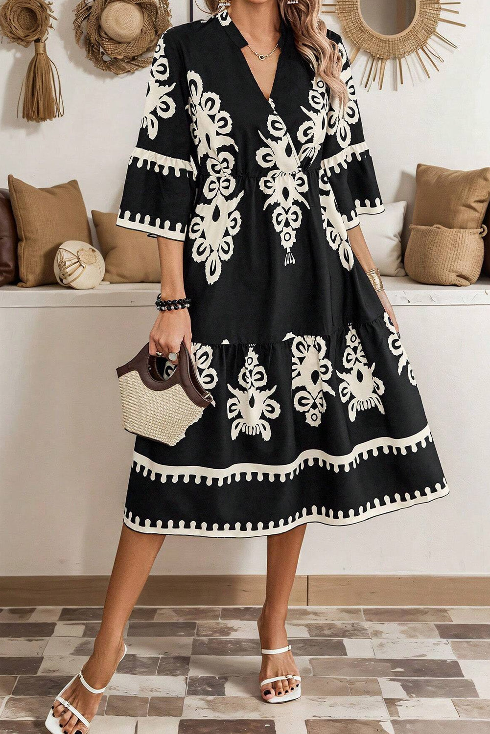 Womens Black Western Geometric Print 3/4 Sleeve Loose Midi Dress