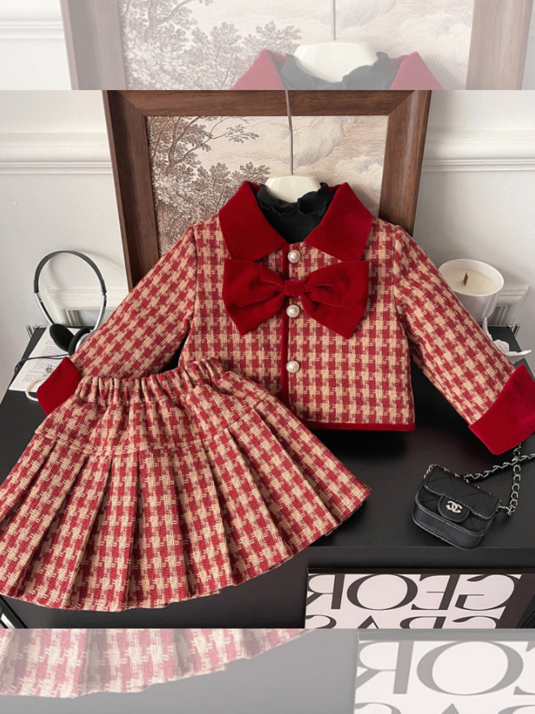 Adorable Red Velvet and Plaid Girls' Skirt and Jacket Set with Pearl Buttons