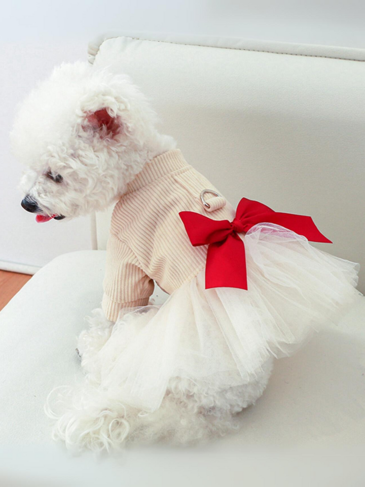 Winter Warm Dog Girls Sweater Dress with Bowtie Tutu Skirt and D Leash Ring