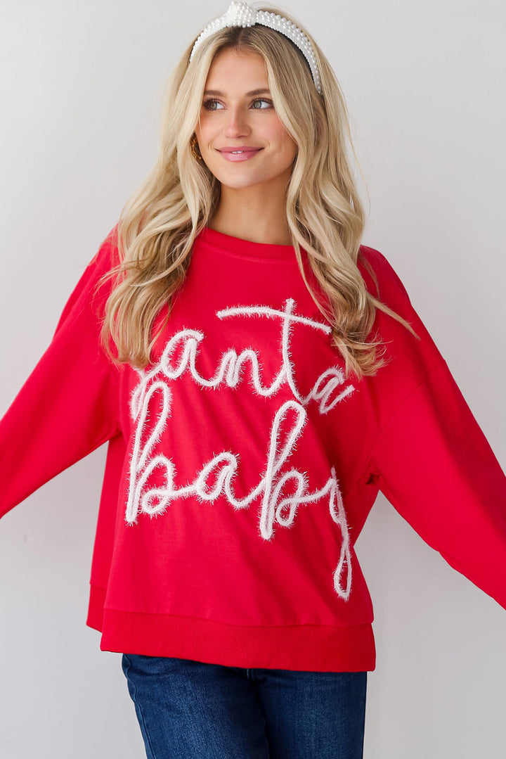 Womens Red Christmas Santa Baby Tinsel Graphic Sweatshirt