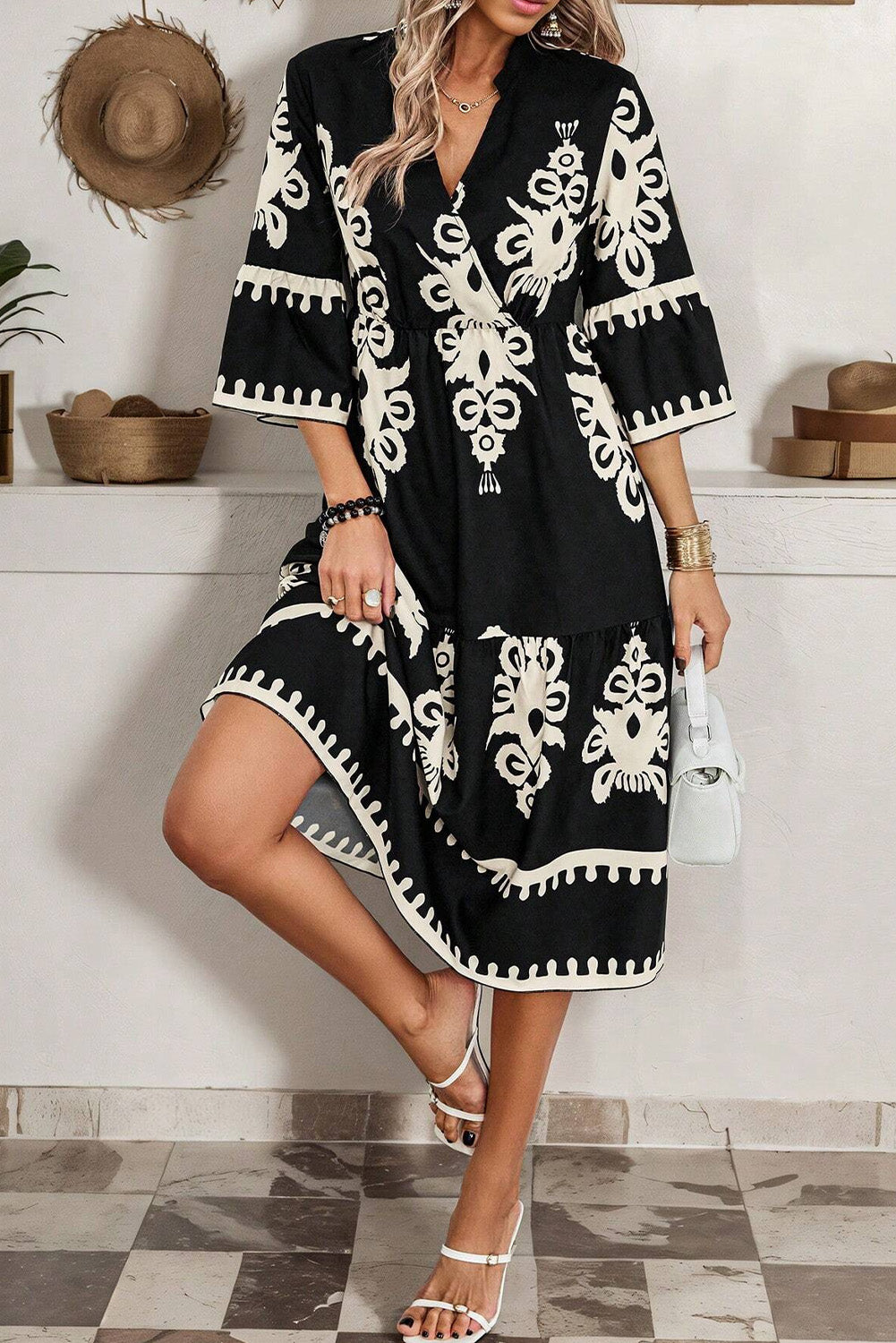 Womens Black Western Geometric Print 3/4 Sleeve Loose Midi Dress