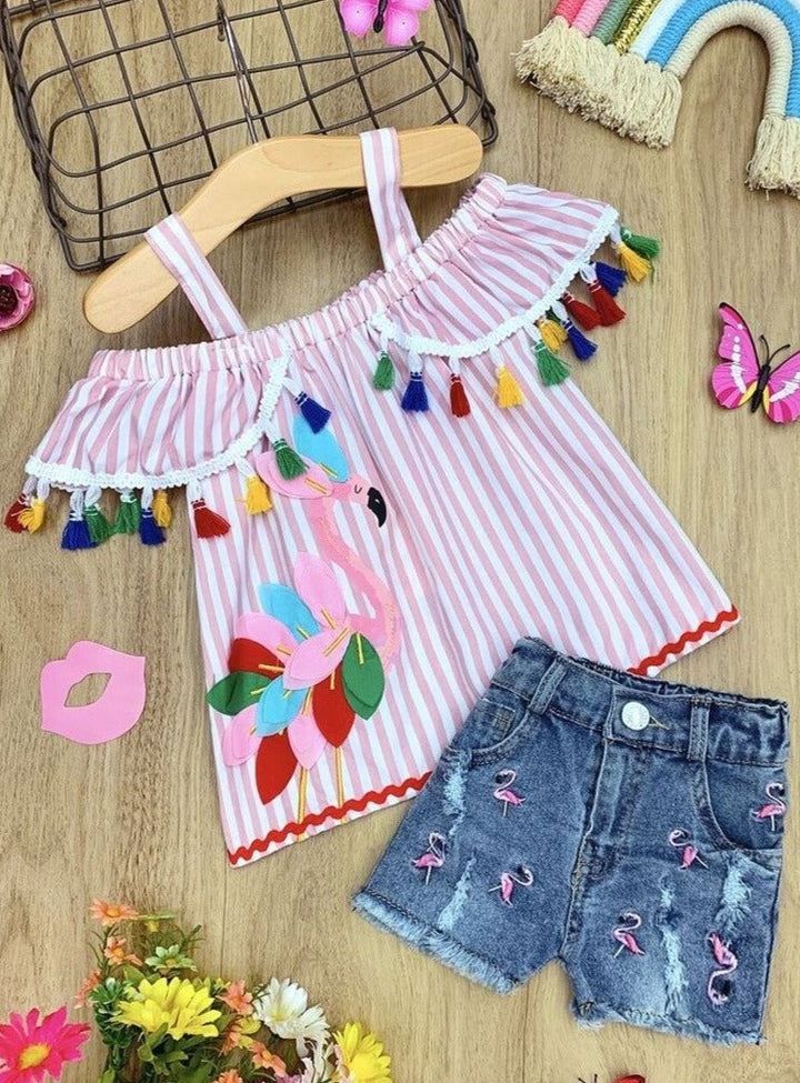 Girls Ruffled Flamingo Tassel Top & Denim Shorts Set - Mia Belle Girls