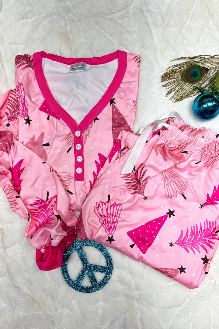 Womens Pink Christmas Tree Print V Neck Pajama Set